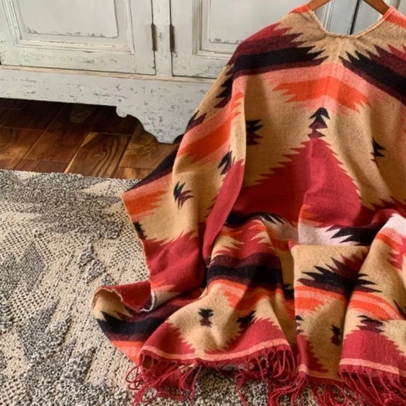 New Western Aztec Native Wrap Blanket Cardigan Sweater Ruana Women's Boho Vtg - Picture 5 of 11